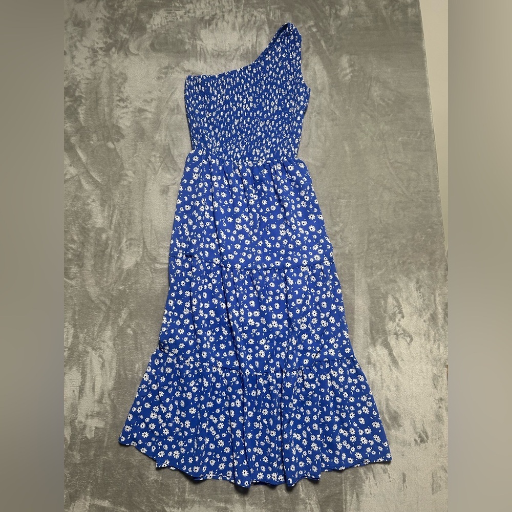 BTFBM One Shoulder Maxi Dress Women’s Small Blue Daisies Summer Floral Picnic